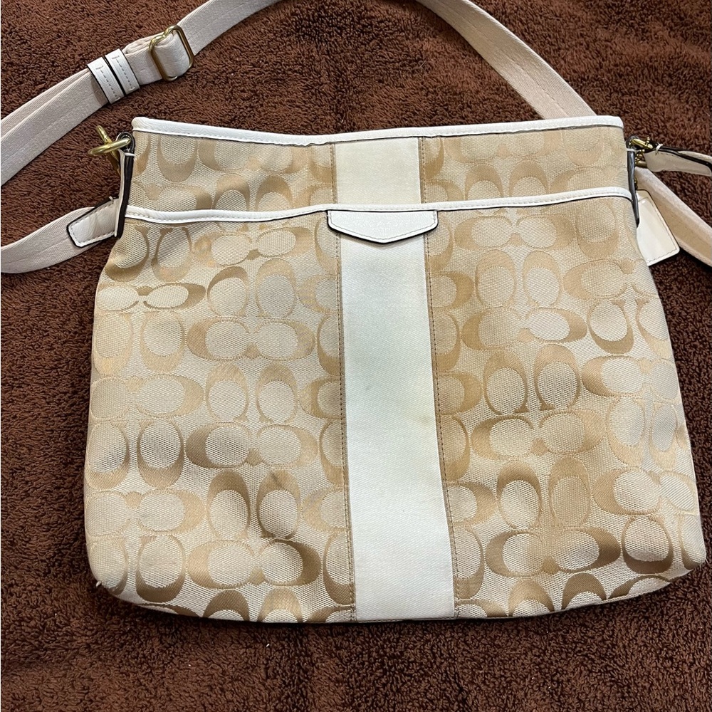 Coach Cream and White Crossbody Bag with Signature Monogram